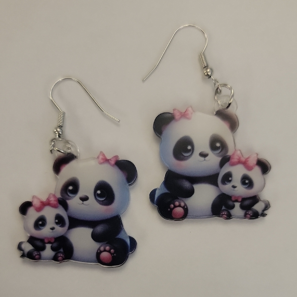 Cute Panda Earrings with Pink Bows